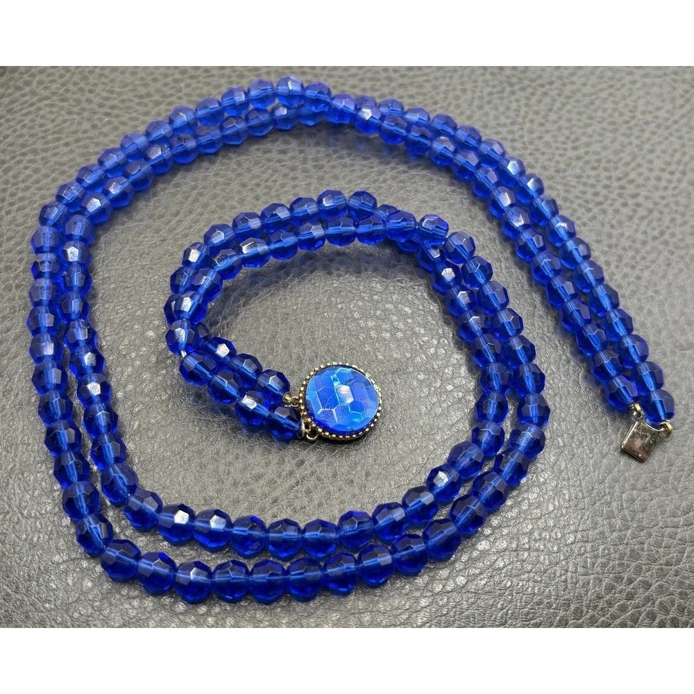 Vintage Cobalt Blue Faceted Glass Bead Double Strand Necklace Box Clasp 24" Long